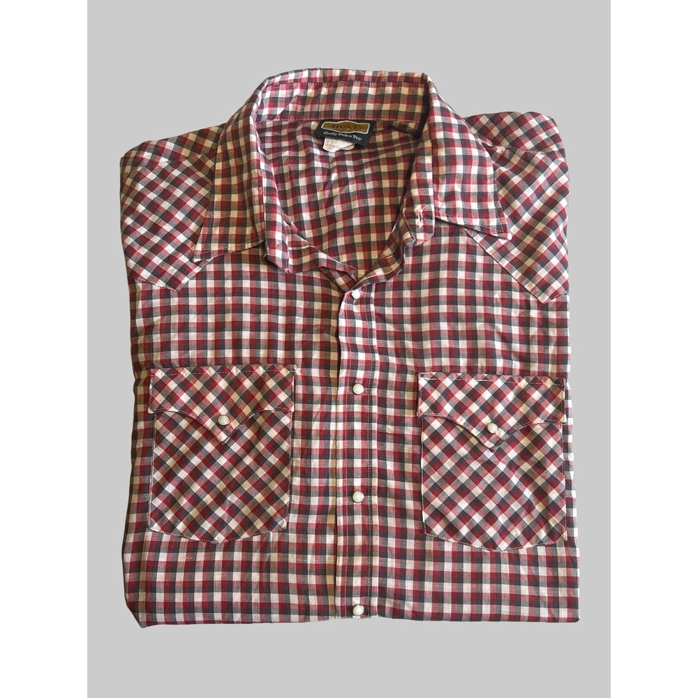 Vintage Holt Mens XXL Red Gingham Plaid Western Pearl Snap‎ Short Sleeve